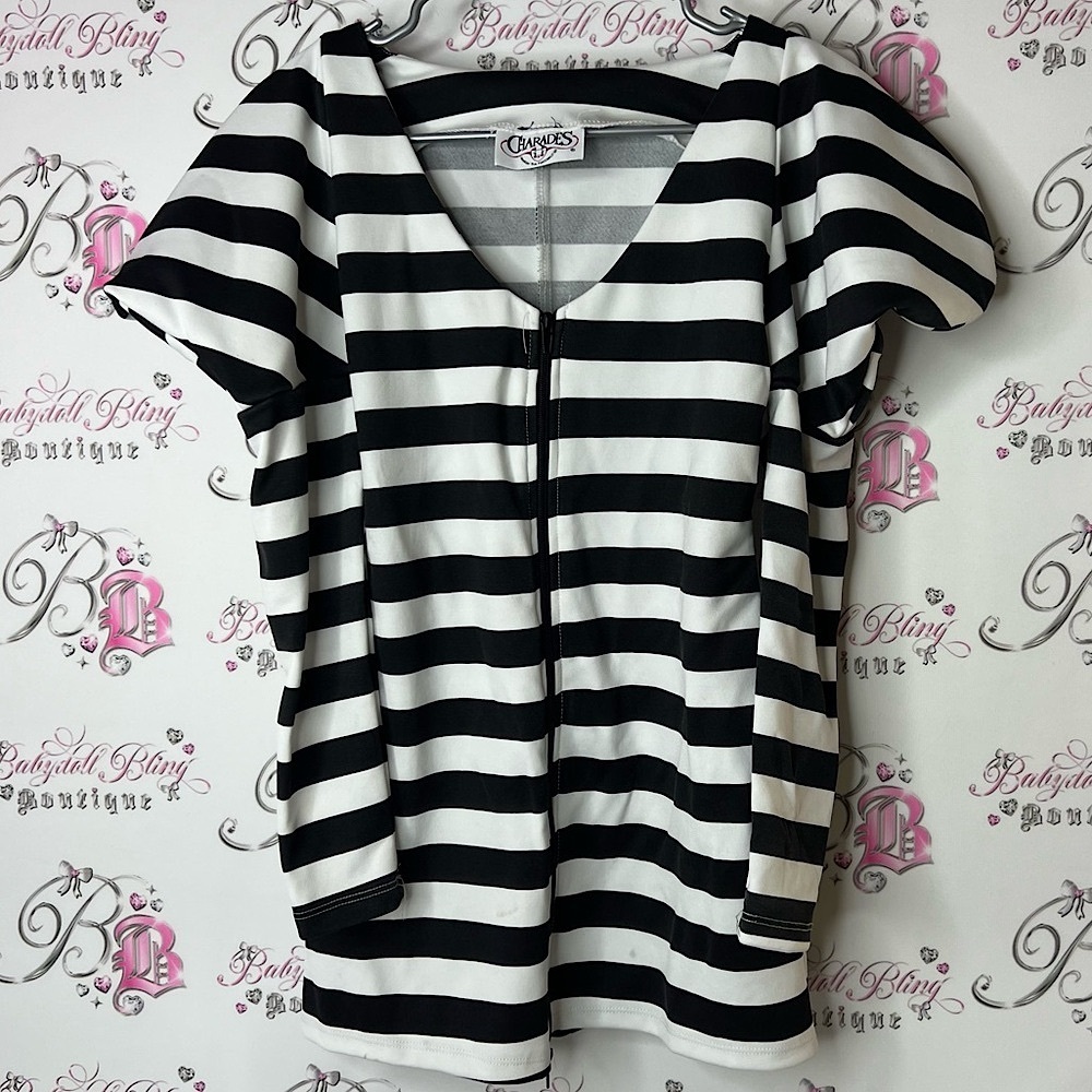 Charades top puffy shoulders Black and White Striped zip up Top costume style